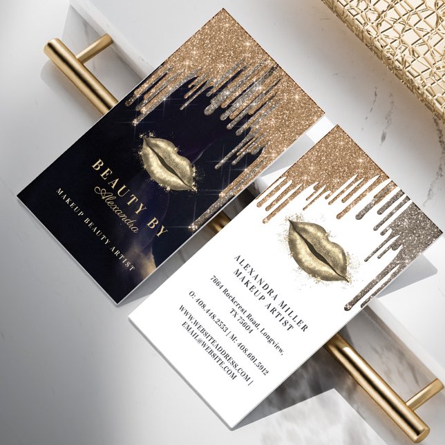 Glamorous Gold Glitter Drip Navy & Gold Glam Lips Business Card (Creator Uploaded)
