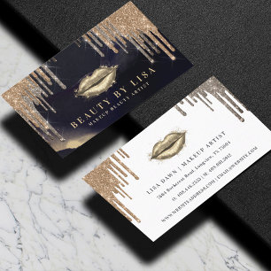 Glamorous Gold Glitter Drip Navy & Gold Glam Lips Business Card