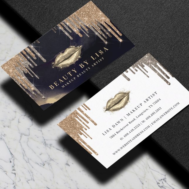 Glamorous Gold Glitter Drip Navy & Gold Glam Lips Business Card (Glamorous Gold Glitter Drip Navy & Gold Glam Lips Business Card)