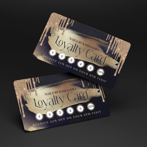 Glamorous Gold Glitter Drip Navy  Gold Loyalty Business Card