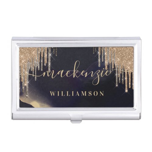 Glamorous Gold Glitter Drip Navy Gold Script Name Business Card Case