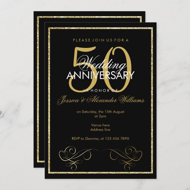 Glamorous Gold Glitter Frame 50th Wedding Invitation (Front/Back)
