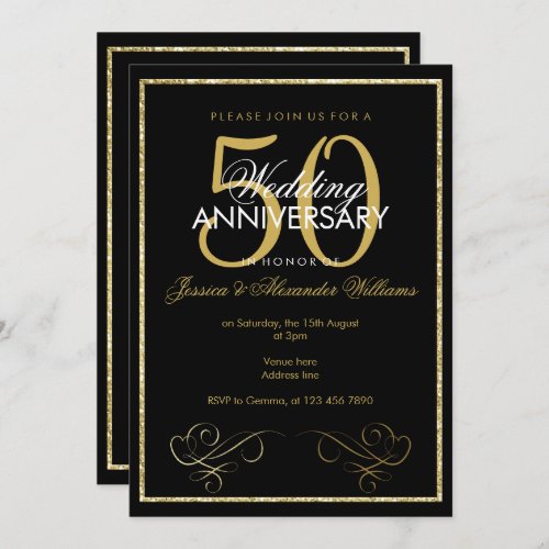 Glamorous Gold Glitter Frame 50th Wedding Invitation