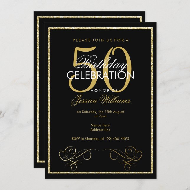 Glamorous Gold Glitter Frame Women's 50th Birthday Invitation (Front/Back)
