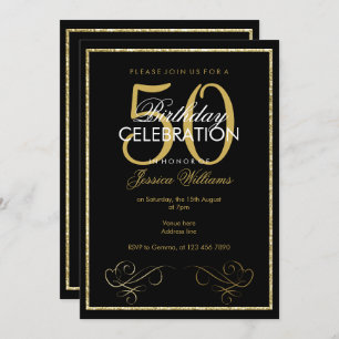 Glamorous Gold Glitter Frame Women's 50th Birthday Invitation