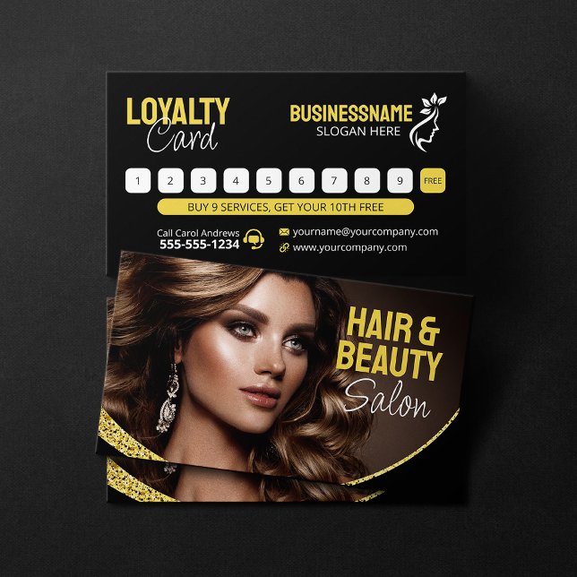 Glamorous Gold Glitter Hair Stylist Beauty Salon Loyalty Card (Creator Uploaded)
