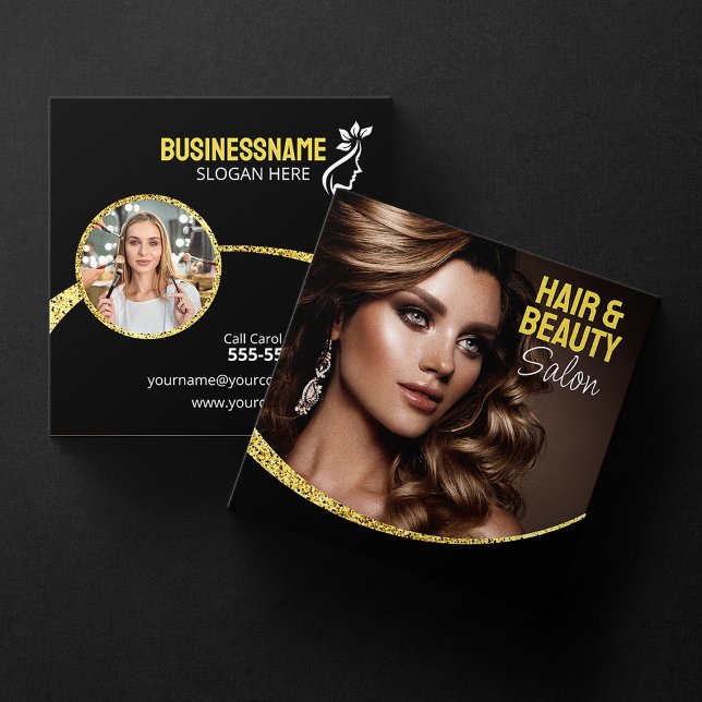 Glamorous Gold Glitter Hair Stylist Beauty Salon Square Business Card (Creator Uploaded)