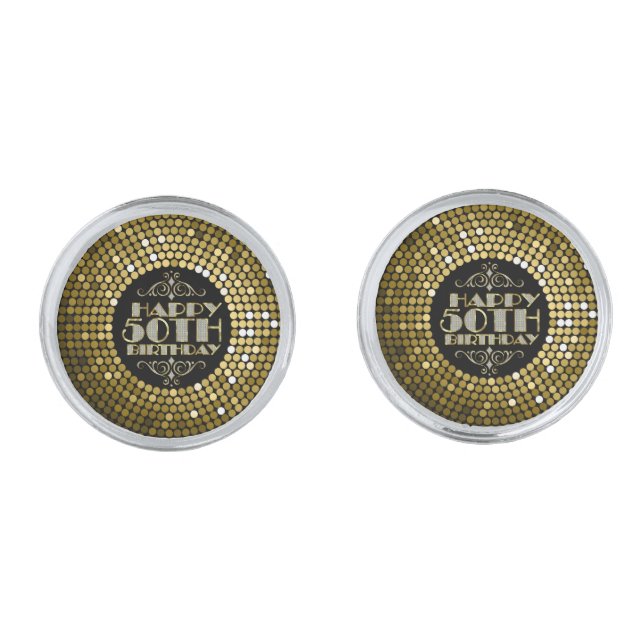 Glamorous Gold Glitter Happy 50th Birthday Cufflinks (Front)