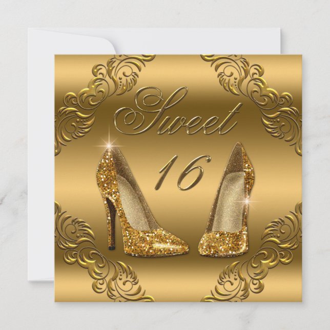 Glamorous Gold Glitter High Heels Sweet 16 Invitation (Front)
