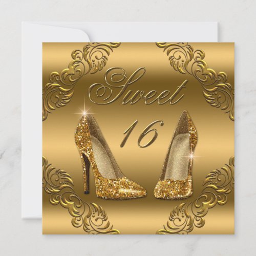 Glamorous Gold Glitter High Heels Sweet 16 Invitation