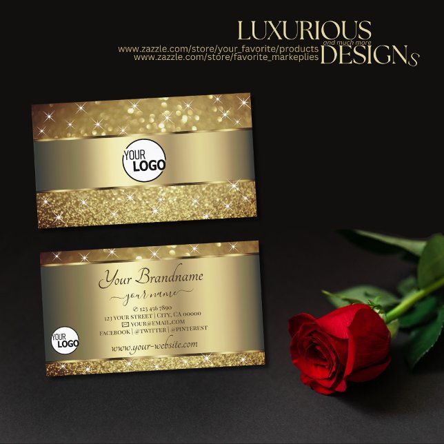 Glamorous Gold Glitter Luminous Stars add Logo Business Card (Creator Uploaded)