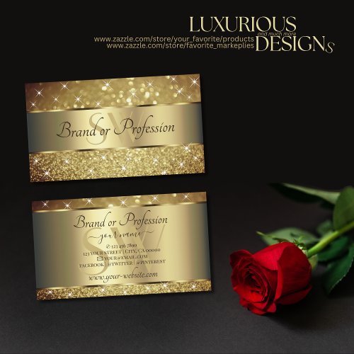 Glamorous Gold Glitter Luminous Stars Initials Business Card