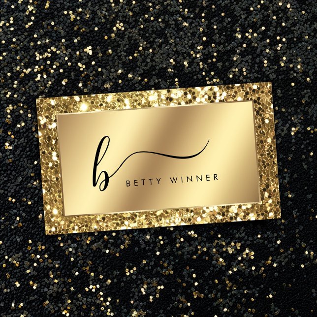 Glamorous Gold Glitter Luxury Script Monogram Business Card (Creator Uploaded)