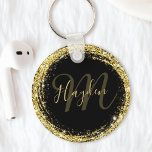 Glamorous Gold Glitter Monogram Name Black Keychain<br><div class="desc">Easily personalize this luxury glam gold glitter framed keychain with your custom name and monogram.</div>