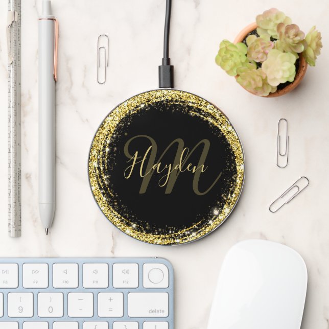 Glamorous Gold Glitter Monogram Name Black Wireless Charger (Desk)