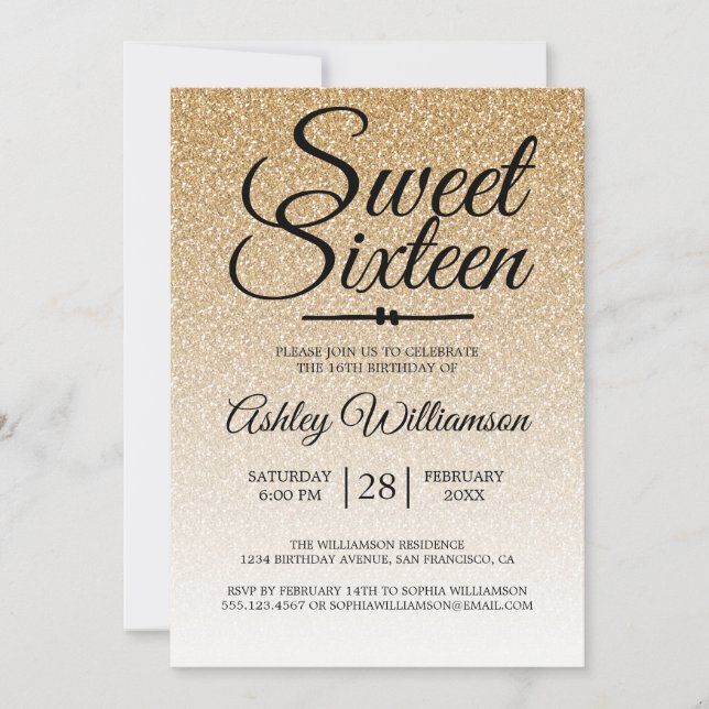 Glamorous Gold Glitter Ombre Sweet 16 Birthday Invitation (Front)