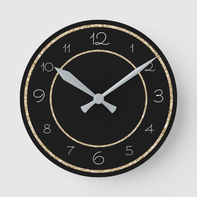 Glamorous Gold Glitter on Black Round Clock (Front)