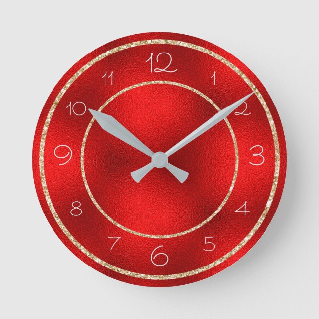 Glamorous Gold Glitter on Shiny Red Round Clock (Front)