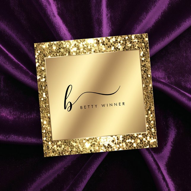 Glamorous Gold Glitter Script Monogram Square Business Card (Creator Uploaded)
