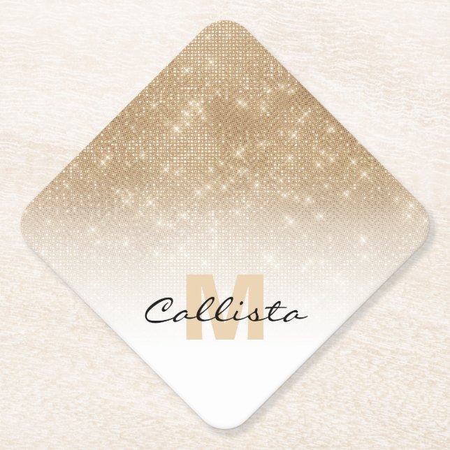 Glamorous Gold Glitter Sequin Ombre Monogram Paper Coaster (Front)