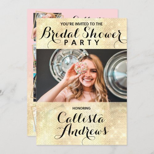 Glamorous Gold Glitter Sequins Photo Bridal Shower Invitation