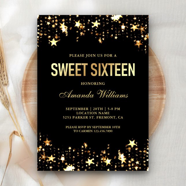Glamorous Gold Glitter Star Confetti Sweet Sixteen Invitation (Creator Uploaded)