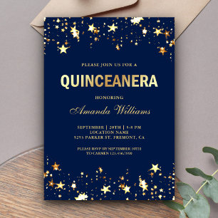 Glamorous Gold Glitter Stars Confetti Quinceanera Invitation