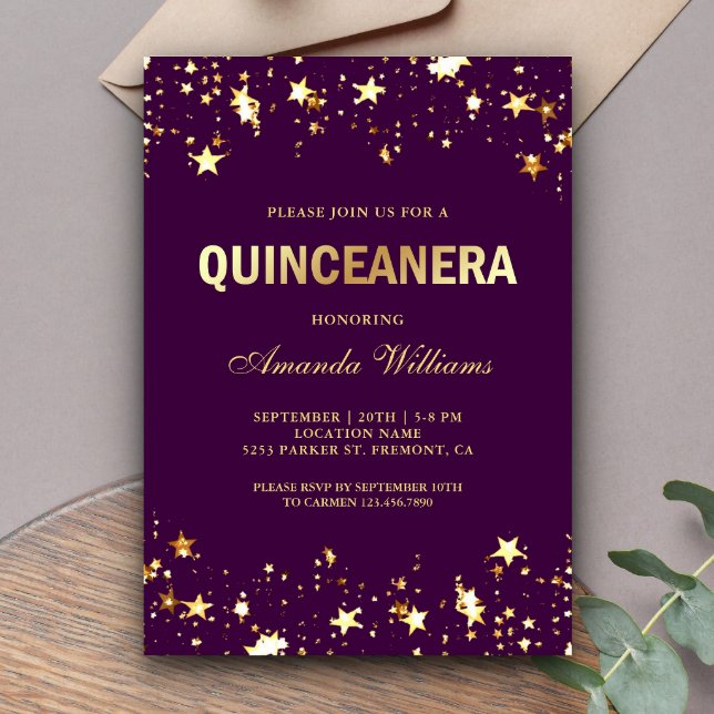 Glamorous Gold Glitter Stars Confetti Quinceanera Invitation