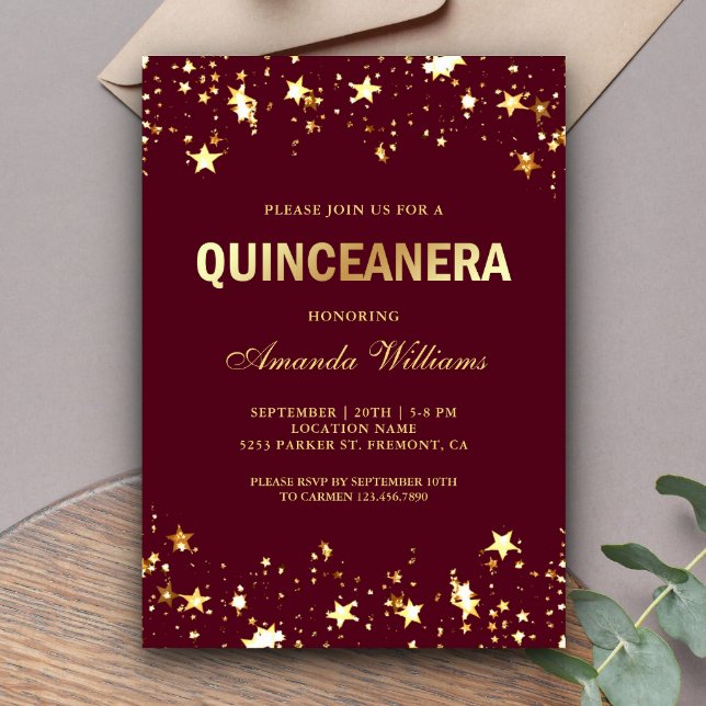 Glamorous Gold Glitter Stars Confetti Quinceanera Invitation