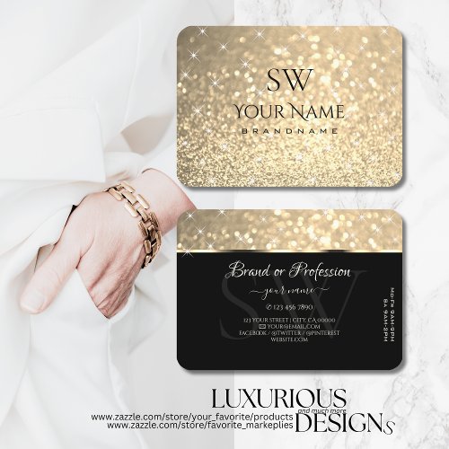 Glamorous Gold Glitter Stars Initials Opening Hour Business Card