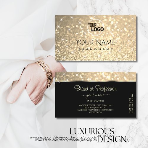 Glamorous Gold Glitter Stars Logo and Opening Hour Business Card