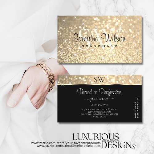 Glamorous Gold Glitter Stars Monogram Opening Hour Business Card