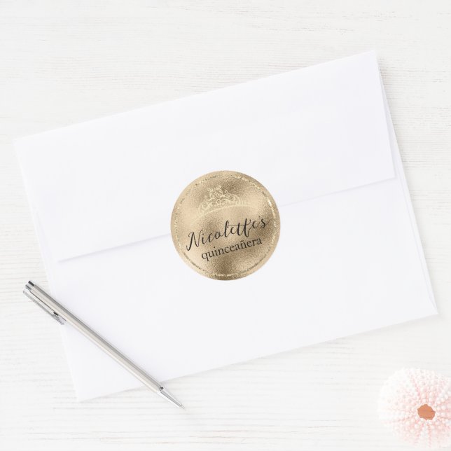 Glamorous Gold Glitter Tiara Quinceañera Classic Round Sticker (Envelope)