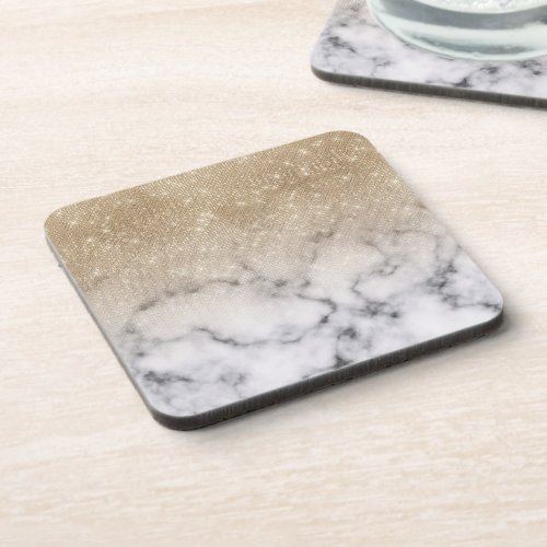 Glamorous Gold Glitter White Marble Ombre Beverage Coaster