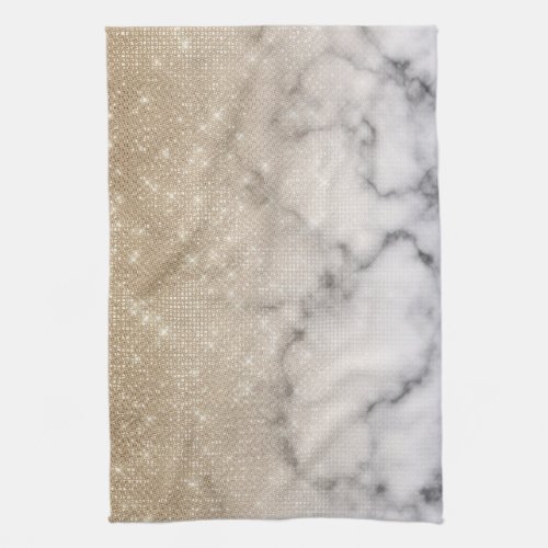 Glamorous Gold Glitter White Marble Ombre Kitchen Towel