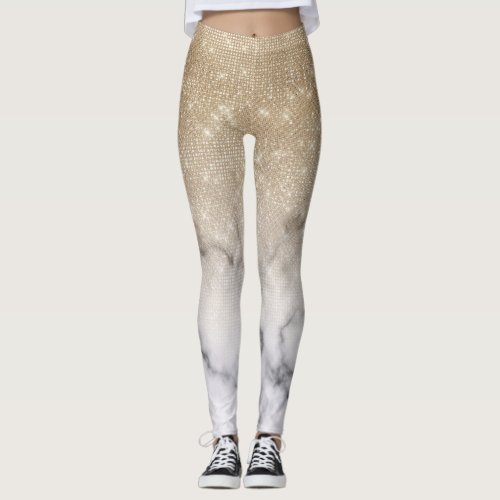 Glamorous Gold Glitter White Marble Ombre Leggings