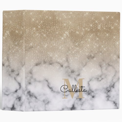 Glamorous Gold Glitter White Marble Ombre Monogram 3 Ring Binder