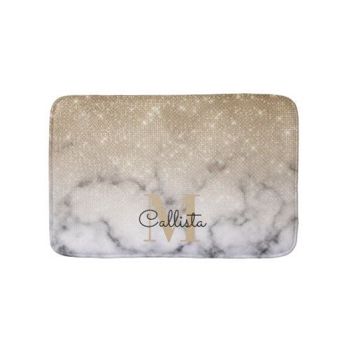 Glamorous Gold Glitter White Marble Ombre Monogram Bath Mat