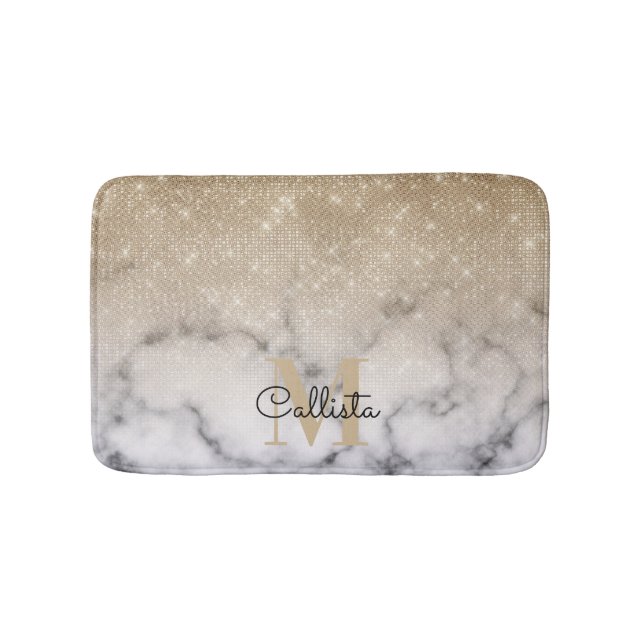 Glamorous Gold Glitter White Marble Ombre Monogram Bath Mat (Front)