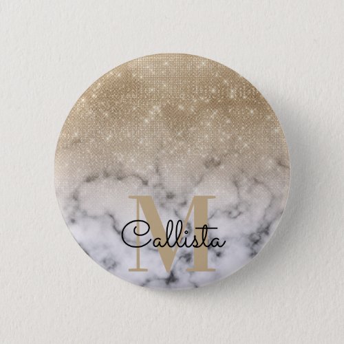Glamorous Gold Glitter White Marble Ombre Monogram Button