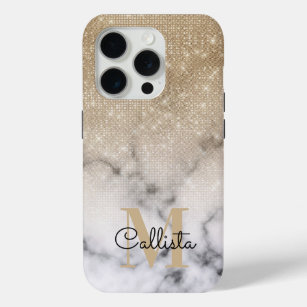 Glamorous Gold Glitter White Marble Ombre Monogram iPhone 15 Pro Case
