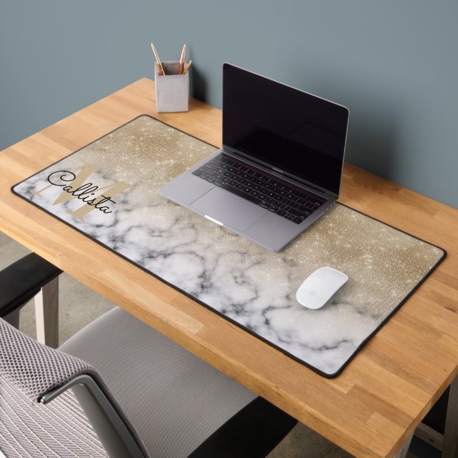 Glamorous Gold Glitter White Marble Ombre Monogram Desk Mat (Office 2)