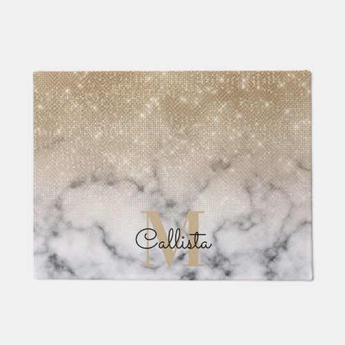 Glamorous Gold Glitter White Marble Ombre Monogram Doormat