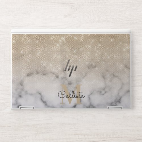 Glamorous Gold Glitter White Marble Ombre Monogram HP Laptop Skin