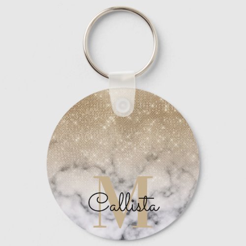 Glamorous Gold Glitter White Marble Ombre Monogram Keychain