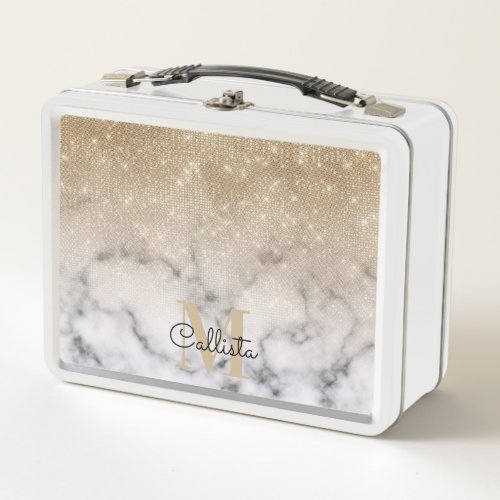 Glamorous Gold Glitter White Marble Ombre Monogram Metal Lunch Box