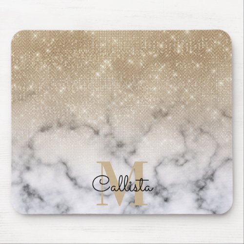 Glamorous Gold Glitter White Marble Ombre Monogram Mouse Pad