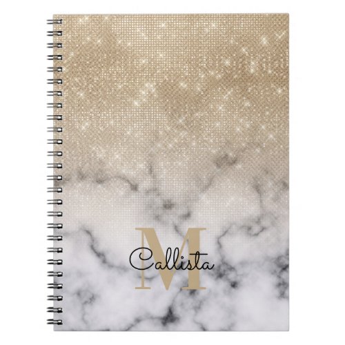 Glamorous Gold Glitter White Marble Ombre Monogram Notebook