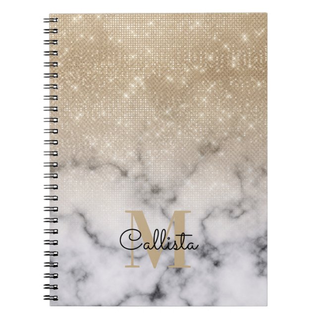 Glamorous Gold Glitter White Marble Ombre Monogram Notebook (Front)