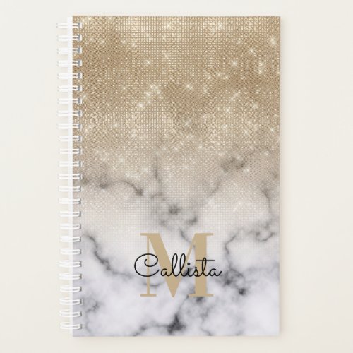 Glamorous Gold Glitter White Marble Ombre Monogram Planner